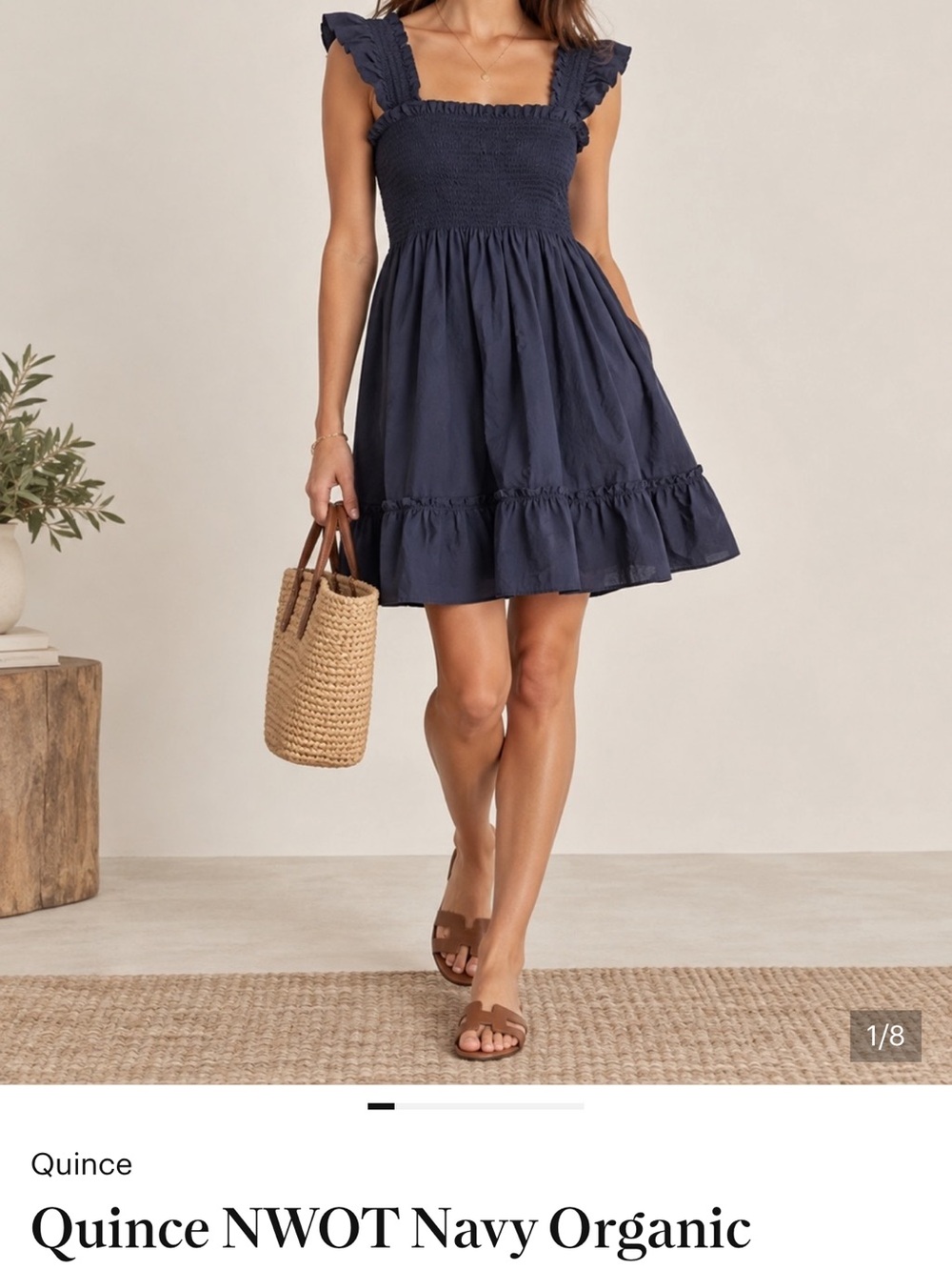 Quince Navy Smocked Mini Dress with Ruffle Straps